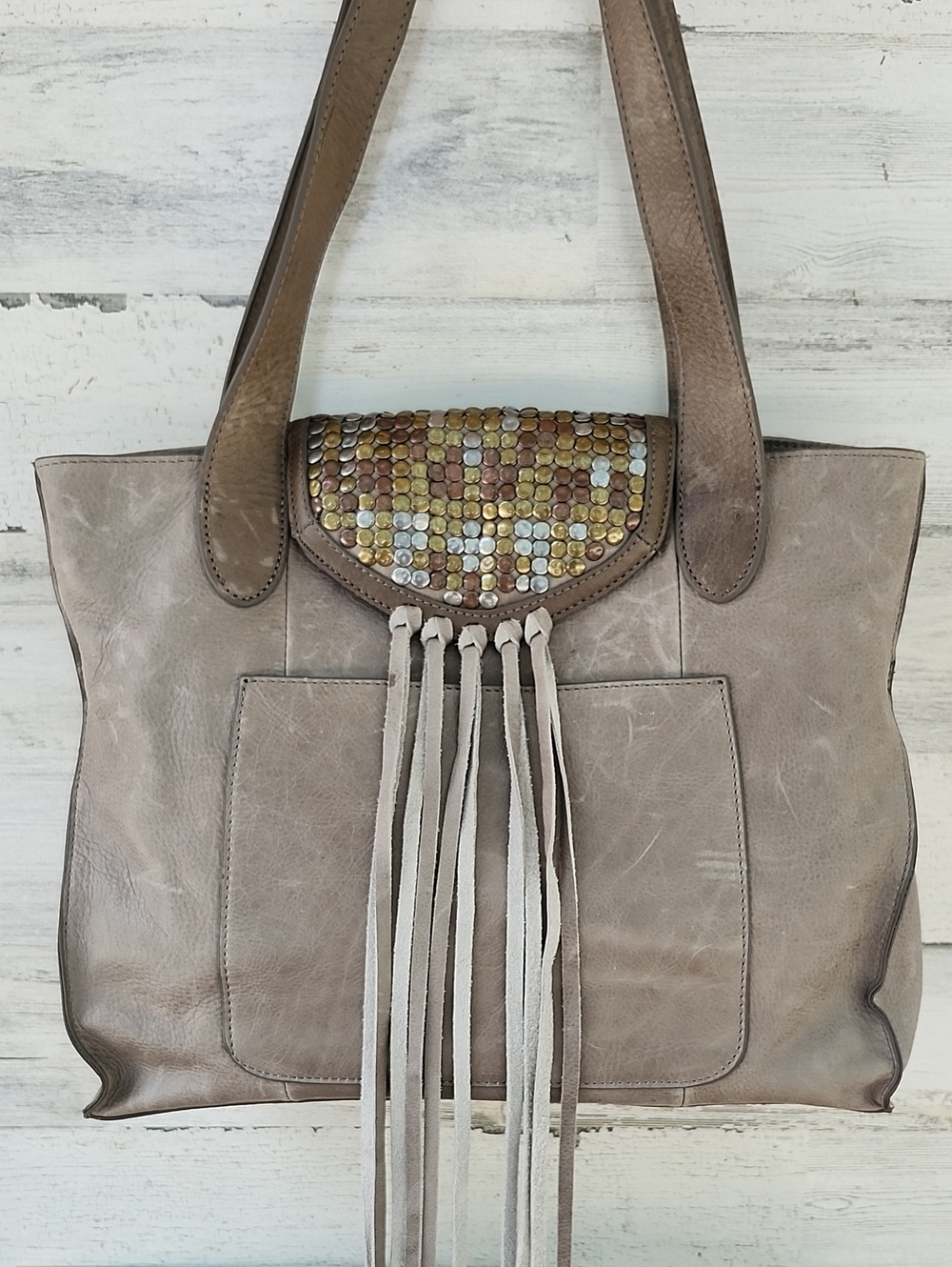 LUCKY BRAND LEATHER SHOULDER BAG WITH METAL STUDS AND FRINGE